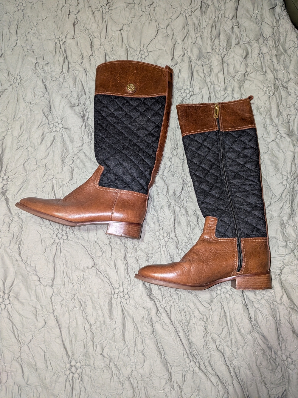 Tory Burch Black and Brown Mid-Calf Riding Boots with Side Zip